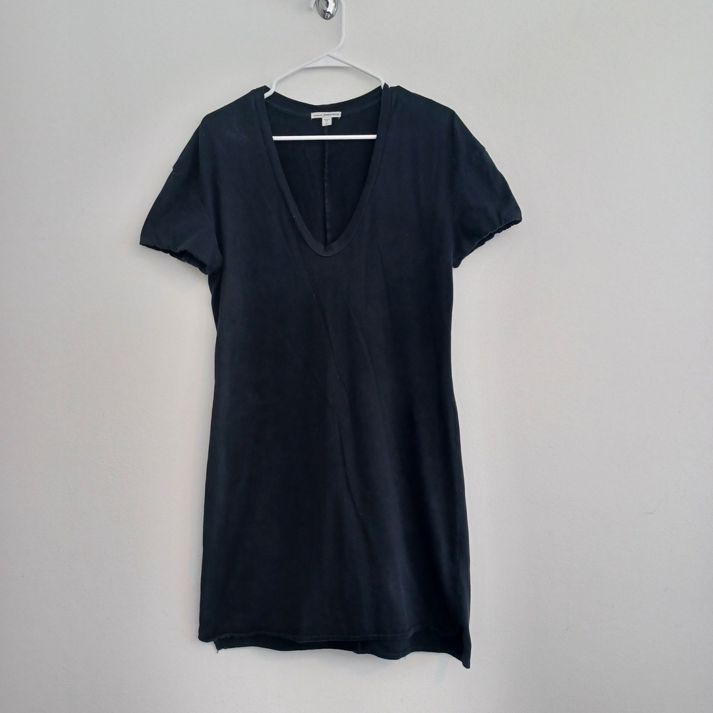 James Perse Womens Dress Shirt Size Medium Black Deep V Neck Short Sleeve Casual